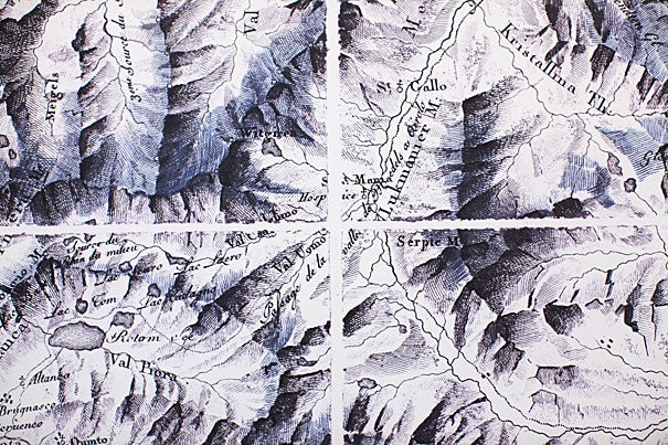 “Cartographic Grounds,” an exhibit at Gund Hall through Dec. 19, uses maps to show old and new drawing techniques. Sections of an old map of Switzerland (above) employ hachures — short lines used to depict an incline’s degree of slope.