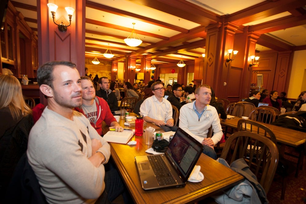 Harvard University Business School students, Dave Alba, (from left), John Wiest, Jeff Wheeler, and Ephraim Olson watch the election results at the Spangler Grille at Harvard University Business School. They are Republicans except Olson who is Canadian. Rose Lincoln/Harvard Staff Photographer