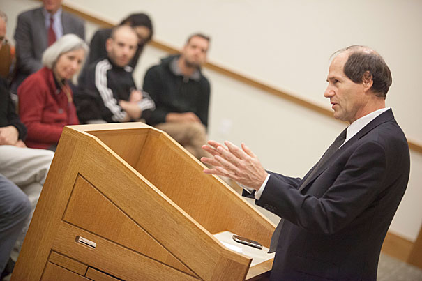 Cass Sunstein returned to Harvard Law School more than three years after he left to serve as the Obama administration’s regulatory czar. In his talk on Nov. 7, he discussed behavioral-economics concepts, such as libertarian paternalism, choice architecture, and hard and soft paternalism, with real-world applications still at the front of his mind.