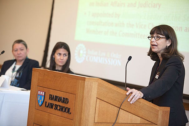 Federal-tribal criminal justice is “a complex maze” of multiple systems, “created piecemeal over time,” “imposed,” and “alien to locals,” said Carole Goldberg (right), the 2006 Oneida Indian Nation Visiting Professor at Harvard. “Major restructuring” needs to happen. Justice, she said, should be culturally appropriate and include intergovernmental cooperation, respect, and trust. 