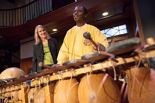 Famed Malian balafonist Neba Solo is the subject of a book-in-progress by Quincy Jones Professor of African-American Music Ingrid Monson (left). The two gave a presentation on Monday at the Radcliffe Institute. 