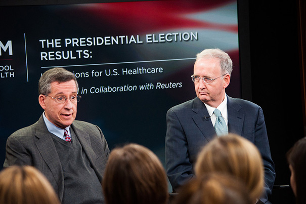 Although some parts of the Affordable Care Act are already active, Professor of Health Policy and Political Analysis Robert Blendon (left) believes implementation will be uneven from state to state. “The important thing is the law moves forward and survives,” said John McDonough (right), director of HSPH’s Center for Public Health Leadership.
