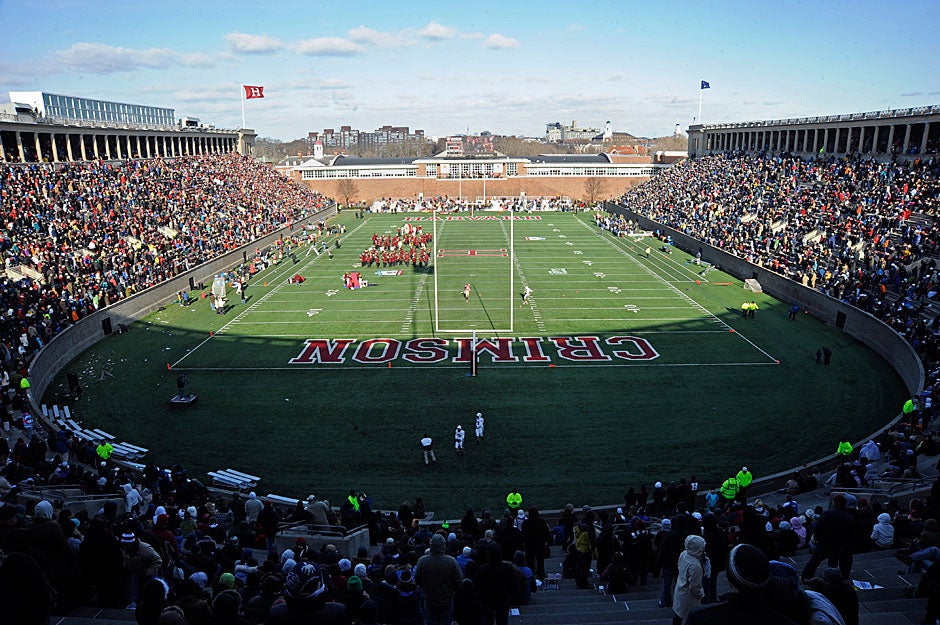 Harvard Stadium at halftime during the 125th playing of the Harvard-Yale game. Marching bands from both schools go to great lengths to parody and ridicule the other side with skits both funny and bizarre. Harvard won the 2008 game, 10-0, and shared the Ivy League championship with Brown. 