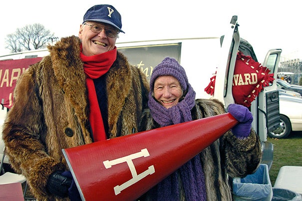 At Harvard Stadium in 2008, Bob (whose allegiance is to Yale, not Harvard) and Carolyn Cumings of Winchester, Mass., celebrate the 56th anniversary of their first blind date at a Harvard-Yale game. They have been together ever since.