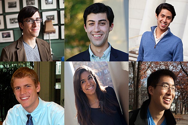 Six Harvard students are among the 32 American men and women chosen as Rhodes Scholars. They include (top row, from left) Aidan C. de B. Daly, Julian B. Gewirtz, Allan J. Hsiao, (second row, from left) Benjamin B.H. Wilcox, Nina M. Yancy, and and Phillip Z. Yao, all members of the Class of 2013. 