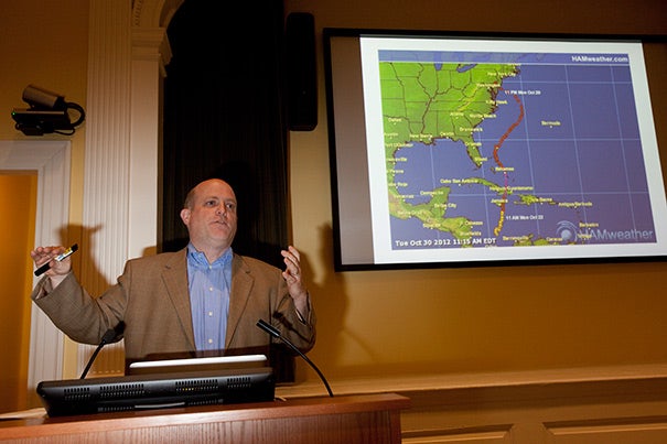 Professor Daniel P. Schrag told his Radcliffe audience that warm water played a big part in Sandy’s track, noting that the cool mid-Atlantic water typically would have sapped the hurricane’s energy. But water warmed by 4 degrees Fahrenheit gave it energy. Schrag’s lecture, “Wetter Weather: Water on a Changing Planet,” was the latest in the ongoing Water Lecture Series at Radcliffe.