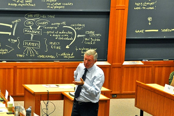 Sir Alex Ferguson, the manager of Manchester United and the topic of a recent Harvard Business School case by HBS Professor Anita Elberse, engaged with students in Aldrich Hall earlier this fall.
