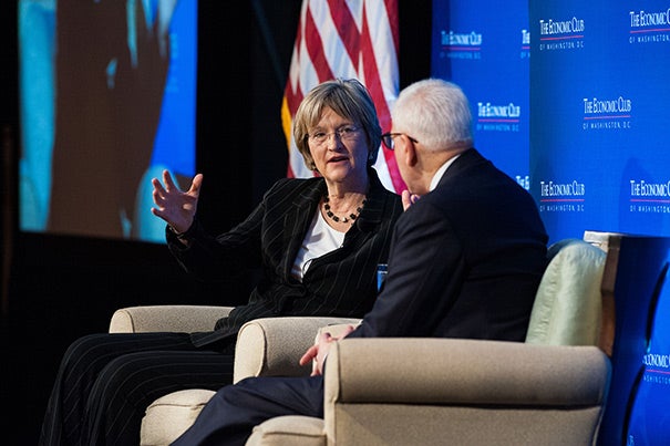 Today at the Economic Club in Washington, D.C., Harvard President Drew Faust discussed the challenges and opportunities facing higher education with Economic Club President David M. Rubenstein.
