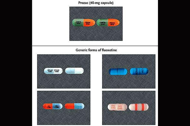 Changes in the appearance of drugs may cause patients to stop taking them. Pictured (at top) is Prozac (fluoxetine) as it appears when manufactured by Lilly. Below it are four generic versions of fluoxetine. Based on research, the color of the medication seems to have the greatest impact on patient usage.