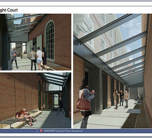 Within Leverett’s McKinlock Hall, an existing alley will receive a new glass roof and become a light court, which will connect new lounge and seminar rooms with the dining hall, helping to alleviate crowding.