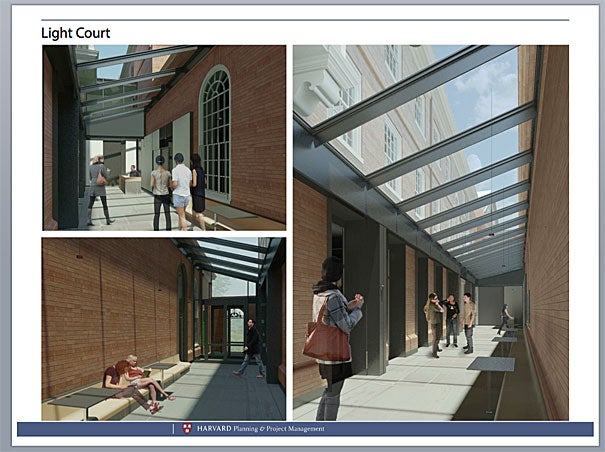 Within Leverett’s McKinlock Hall, an existing alley will receive a new glass roof and become a light court, which will connect new lounge and seminar rooms with the dining hall, helping to alleviate crowding.