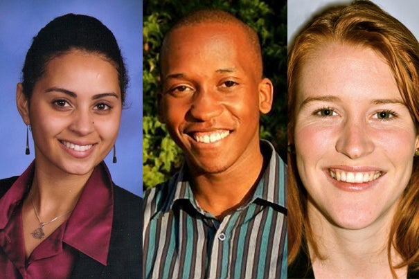 The recipients of this year's international Rhodes Scholarships are Naseemah Mohamed ’12 (from left), Dalumuzi Mhlanga ’13, and Madeleine Ballard ’11. They will join the six American Harvard students who will head to the University of Oxford next fall.