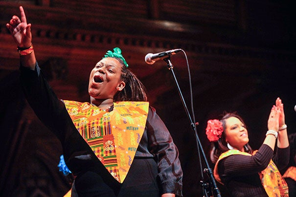 Members of the Harlem Gospel Choir sing in Sanders Theatre as part of the Joyful Noise  concert celebrating Martin Luther King Jr. Day.

