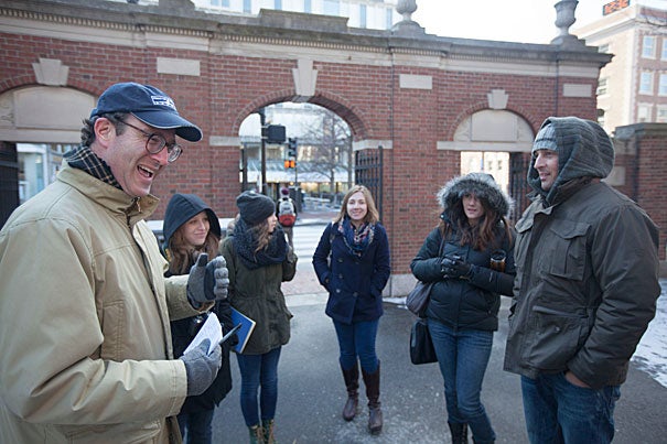 Blair Kamin (left) and Finbarr O'Reilly (right) were among Nieman Fellows leading a January Arts Intensive on Harvard Yard's 26 gates. Part of it, as here, involved documenting gate traffic.
