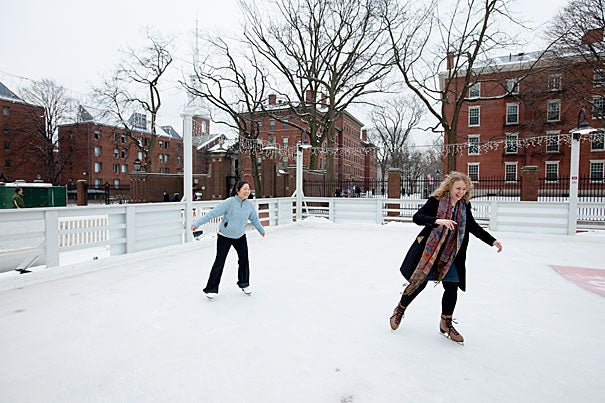 Sol Kim-Bentley (left), a faculty assistant in the in the Department of English, and Miriam Leigh, an administrative coordinator for the Department of Visual and Environmental Studies, gave the skating rink a whirl. Harvard Skate is located at the Science Center plaza.