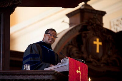 Jonathan L. Walton, Plummer Professor of Christian Morals and Pusey Minister at Harvard's Memorial Church, is pictured here at a Sunday service in September. 