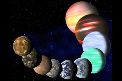 This artist's illustration represents the variety of planets being detected by NASA's Kepler spacecraft. A new analysis has determined the frequencies of planets of all sizes, from Earth’s up to gas giants. Key findings include the fact that one in six stars hosts an Earth-sized planet in an orbit of 85 days or less, and that almost all sunlike stars have a planetary system of some sort. 