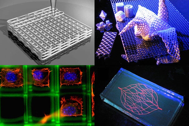 Jennifer A. Lewis' understanding of the chemistry and physics of soft materials enables her to design and manipulate various soft materials to create architectures that mimic those found in nature. A schematic view of the printing process for 3-D hydrogel scaffolds (clockwise from top left); origami made by printing and folding intricate 3-D metallic and ceramic structures; a hydrogel with an embedded microvascular network, for use in tissue engineering; and a hydrogel scaffold seeded with fibroblast cells. 