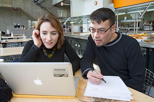 Graduate School of Design (GSD) student Marrikka Trotter (left) works with mentor Kevin Lau, who is helping her develop a class for entering GSD students. Trotter is part of a two-week boot camp sponsored by the Harvard Initiative for Learning and Teaching and HarvardX that looks at innovation in teaching and learning.
