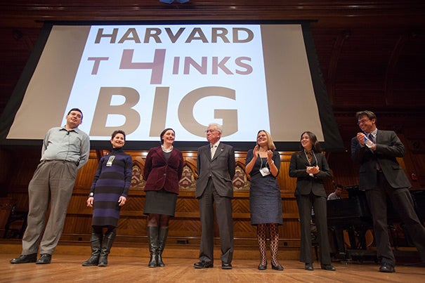 Six professors and one student presented seven big ideas in the annual Harvard Thinks Big. This year's participants included Joseph Blitzstein (left to right), Doris Sommer, Katie Hinde, Roberto Mangabeira Unger, Emma Dench, Annie Ryu '13, and Michael Puett. 