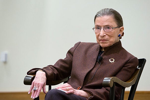 Legal scholar and tireless defender of equal rights Ruth Bader Ginsburg reflected on her career during a discussion with Harvard Law School Dean Martha Minow on Monday before a packed room in Wasserstein Hall.