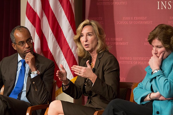 “If you consider yourself a conservative, we think you’re a conservative,” said Kerry Healey (center), a former Massachusetts lieutenant governor. The party likewise needs to find a way to welcome moderate Washington officeholders, whose ranks are diminishing to the point of extinction with recent departures from Congress, she added. Joining Healey were Ron Christie (left) and Karen Hughes.


