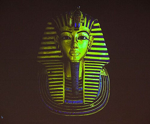 The golden burial mask of King Tut, which is in the Egyptian Museum.
