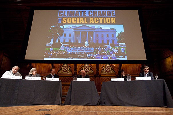 Harvard University Center for the Environment symposium on social action and climate change, at Sanders Theater. Marshall Ganz, Theda Skocpol, Andrew Hoffman, Dan Schrag,  Rebecca Henderson, and Stephen Ansolabehere.
Jon Chase/Harvard Staff Photographer