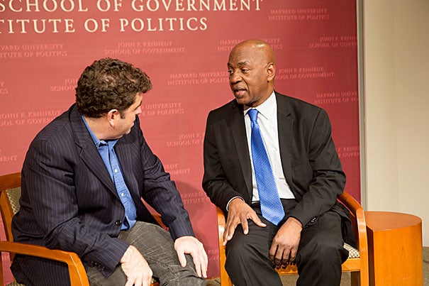 "The House I Live In" writer-director Eugene Jarecki (left) took care in the film, and during the Q-and-A, to describe the issue of the war on drugs not as one of race, but class. Jarecki was joined by Professor Charles J. Ogletree during the post-viewing discussion.
