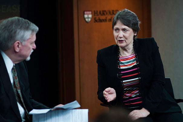 The anti-poverty goal — to halve the proportion of people living in extreme poverty, on less than $1.25 a day — has already been achieved, said Helen Clark, the administrator for the United Nations Development Programme. Much of that success is due to rapid development in China, she told Philip Hilts (left), director of the Knight Science Journalism Fellowships at MIT, adding that it has come at an environmental cost.