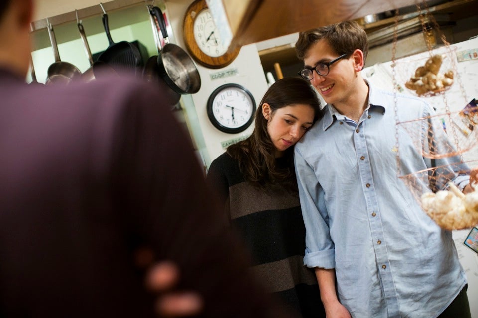 Amanda Hameline '12, a guest of the co-op, and Alex Traub '13 share a moment in the kitchen.