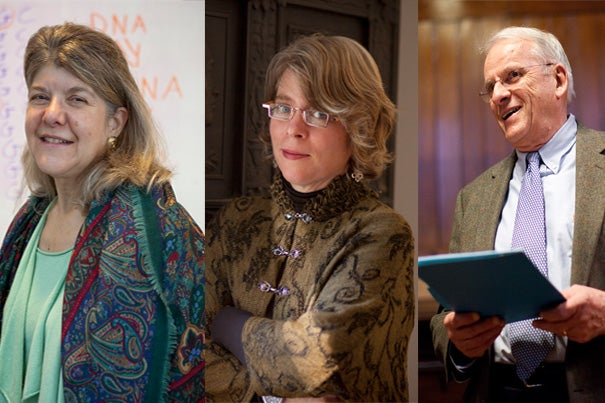 Professors Jennifer Hochschild (from left), Jill Lepore, and John Dowling will be featured in a series of book talks, which Hochschild kicks off Wednesday at 6 p.m. in the Widener Library rotunda.
