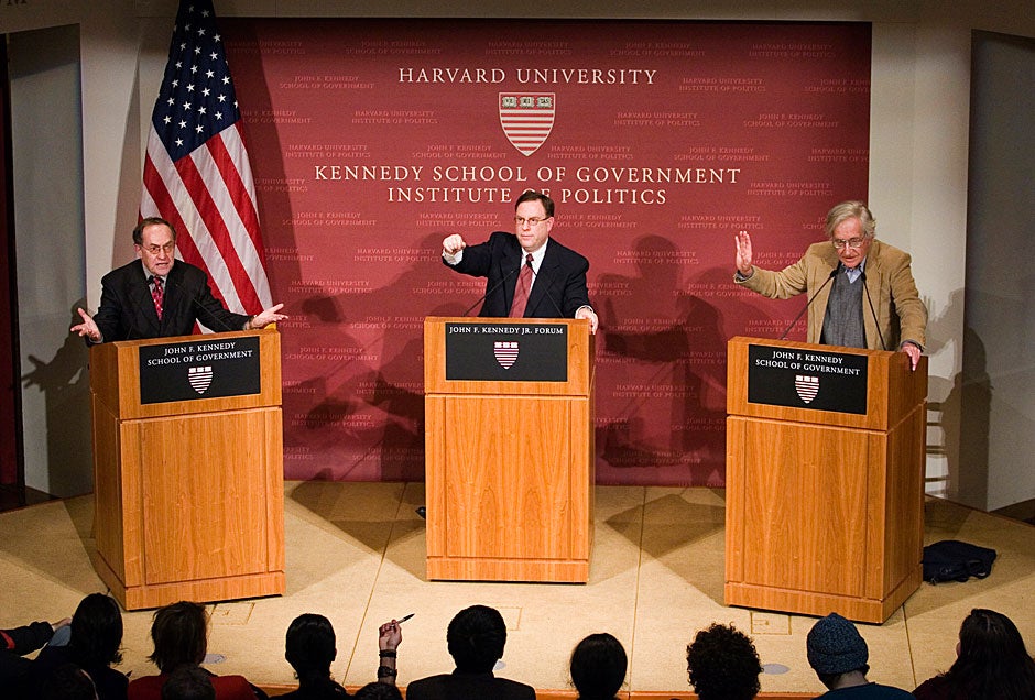 Noam Chomsky (right) of MIT and Alan Dershowitz (left) of Harvard Law School debated the future of Israel and Palestine in “Israel and Palestine After Disengagement: Where Do We Go From Here?” Brian Mandell moderated. Stephanie Mitchell/Harvard Staff Photographer