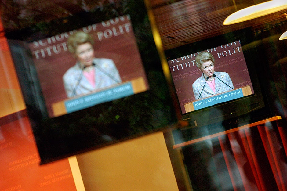 Conservative commentator and activist Phyllis Schlafly, captured on the monitors that line the room, spoke at the Forum in 2005. The Conservative Women's Caucus and the Institute of Politics co-sponsored the event. Kris Snibbe/Harvard Staff Photographer