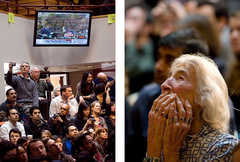 (image on left)
During President Obama’s 2009 inauguration, people gathered at the Forum to watch and photograph the event on the big screen. Stephanie Mitchell/Harvard Staff Photographer

<br />(image on right)
Iten Fales, then age 93, of Cambridge was one of many spectators watching the inauguration. Fales, a Holocaust survivor, was overcome by emotion. Stephanie Mitchell/Harvard Staff Photographer
