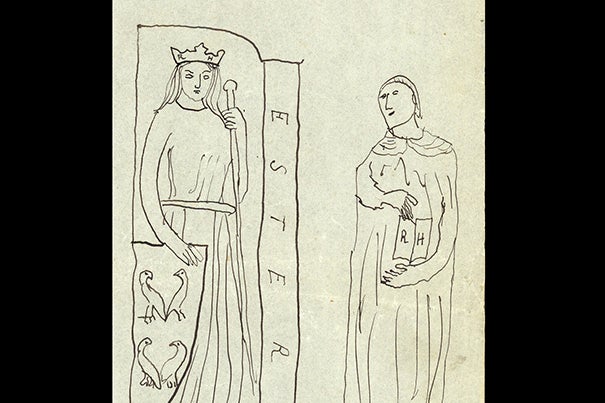 In this drawing, “Esther pour Reynaldo Hahn,” Marcel Proust inscribed Hahn’s initials (RH) on the female figure’s crown and on the pages of the open book. He replaced the caption “Concordia” with the biblical “Esther,” the subject of a 1905 opera by Hahn, and he set her next to her adoptive father “Mordecai,” drawn from a statue of Saint Jerome. Below, Proust wrote that Esther is shown “with little birds,” while Mordecai is “botsched.”