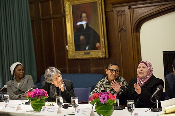 Judge Kholoud Al-Faqih (far right) speaks at a Harvard Divinity School panel on Shariah law alongside panelists Hauwa Ibrahim (from left), Leila Ahmed, and Rev. Gloria White-Hammond, M.Div. '97.