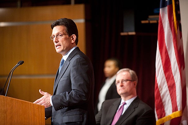 “Fiscal stress at the federal level demands we make smart choices,” said U.S. Rep. Eric Cantor, majority leader, during remarks at the Institute of Politics. Cantor said his priority was to make sure that “going forward, every federal research dollar should be measured against the capacity to help patients.”