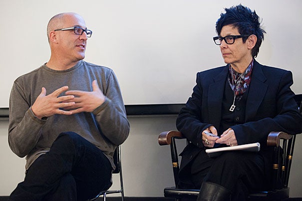 Jim Lasko (left), a Loeb Fellow and co-artistic director of Chicago’s Redmoon Theater Company, and Elizabeth Streb, a prominent choreographer, on Friday discussed ways to bring more art into public spaces. 