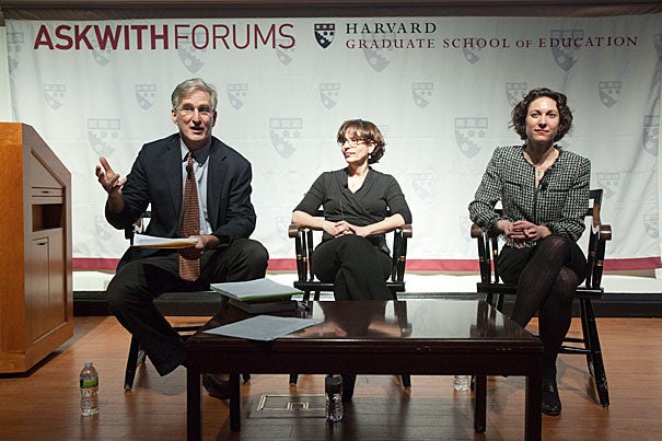 Richard Weissbourd (left), director of the Human Development and Psychology Program at the Harvard Graduate School of Education, said an important part of the solution to bullying involves creating social norms where kids “don’t feel powerful degrading other kids — they feel powerful including other kids.” Also speaking at the Askwith Forum were authors R.J. Palacio (center) and Emily Bazelon.