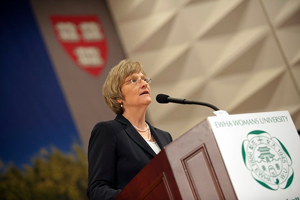 “How we define success in the education of women, whether in the United States or South Korea or worldwide, remains an open and pressing question,” Harvard President Drew Faust said during her address at Ewha Womans University in Seoul. 