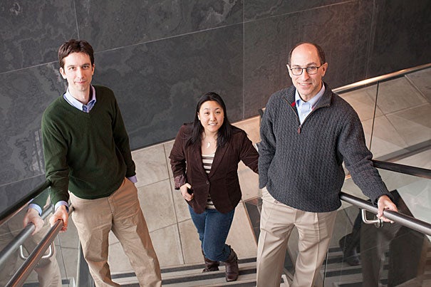 Researcher Peter Turnbaugh (left) and Associate Professor of Medicine Lee Kaplan (right) are the senior authors on a paper detailing drastic changes in the gut microbes of mice following gastric bypass surgery. The pair are pictured with Alice Liou, a research fellow in medicine at Harvard Medical School, who was also part of the research team.