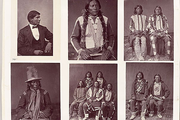 A typical album page, showing mixed clothing styles. These are Ute Indians from the Yampah, Muache, and Tareguache bands. Sequence 262, Vol. 2. Undated.