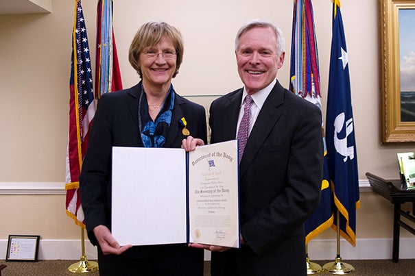 President Drew Faust was presented with the Navy Distinguished Public Service Award, its highest civilian honor. “I am proud of the renewed relationship that we have established with ROTC, and am deeply grateful for the men and women, some of them our students, who heed the call to public service by serving in our armed forces," said Faust. Presenting the award was Navy Secretary Ray Mabus (right).