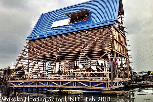 The Makoko Floating School is a three-story, 720-square-foot building afloat on a platform of recycled barrels and fitted with solar panels. The concept was the brainchild of forward-thinking Nigerian architect Kunlé Adeyemi.