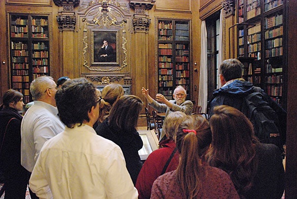 Fred Burchsted, a research librarian in Widener Library, addresses a tour of parents and family members in the Harry Elkins Widener Memorial Room, which houses the Harry Elkins Widener collection, including Harvard's Gutenberg Bible.