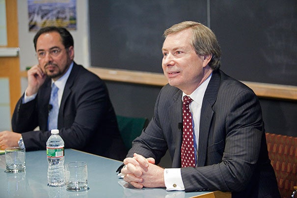 “We are under no illusions that this will be easy, but substantial gains have been made,” said Afghan diplomat Salahuddin Rabbani (left) in a conversation with James Warlick (right), the U.S. deputy special representative for Afghanistan and Pakistan.