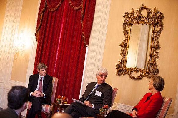 As part of the Divinity School’s Leadership Day, President Drew Faust (right) and Dean David N. Hempton (left) sat down in Loeb House to discuss the role of religious studies and spiritual life in the 21st century — at Harvard and beyond. The talk was moderated by Thomas Chappell, M.T.S. ’91.