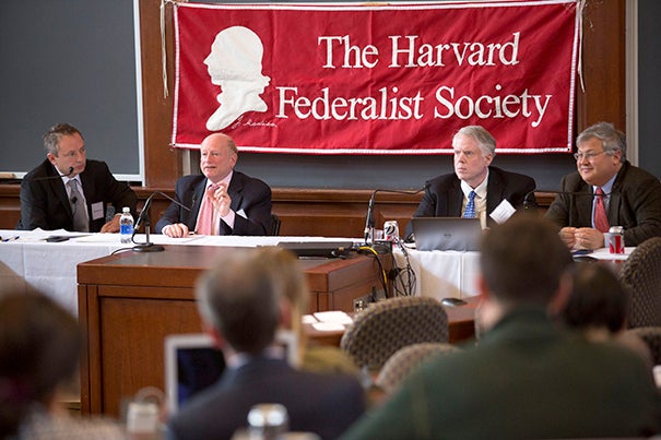 Panelists David Barron, (from left), Mark Tushnet, James Lindgren, and Jack Goldsmith discussed intellectual diversity at law schools in a Harvard Law School talk last week.