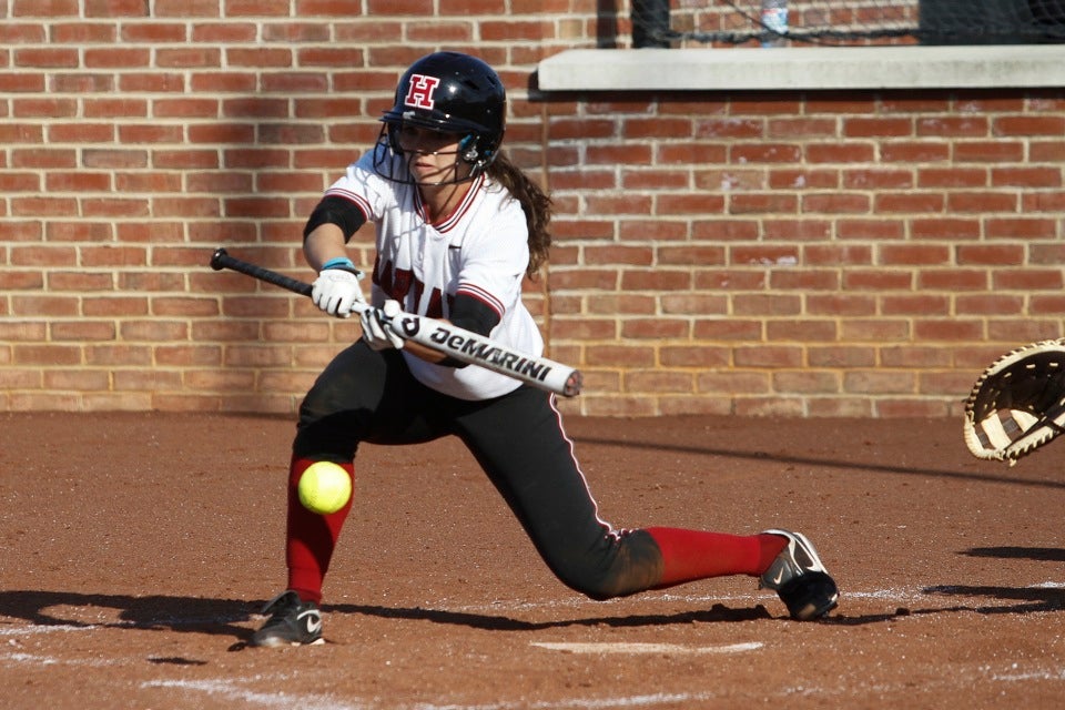 Jessica Ferri ’15 lays down a bunt that ended up going foul.